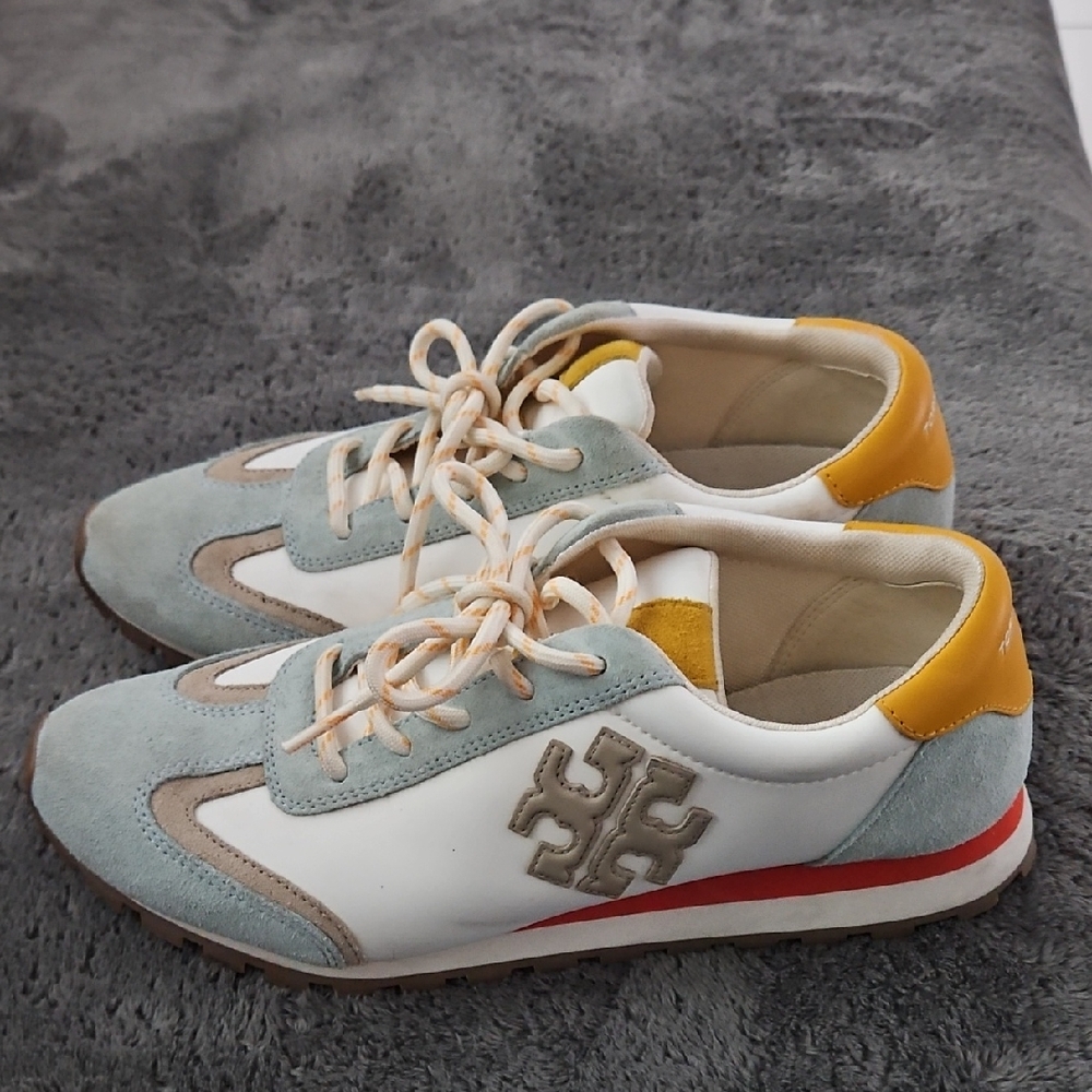 Tory Burch White, Light Blue & Mustard Suede-Trim Sneakers